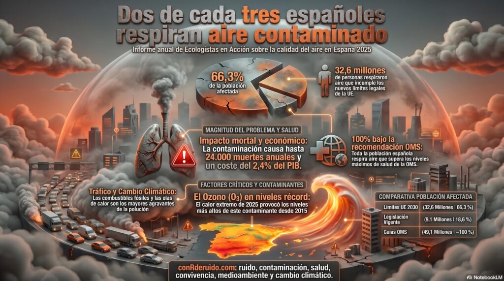 Según los nuevos valores límite que la Unión Europea ha fijado para 2030, 32,6 millones de personas —el 66,3 % de la población— respiraron un aire que incumple esos estándares, casi dos millones más que en 2024.