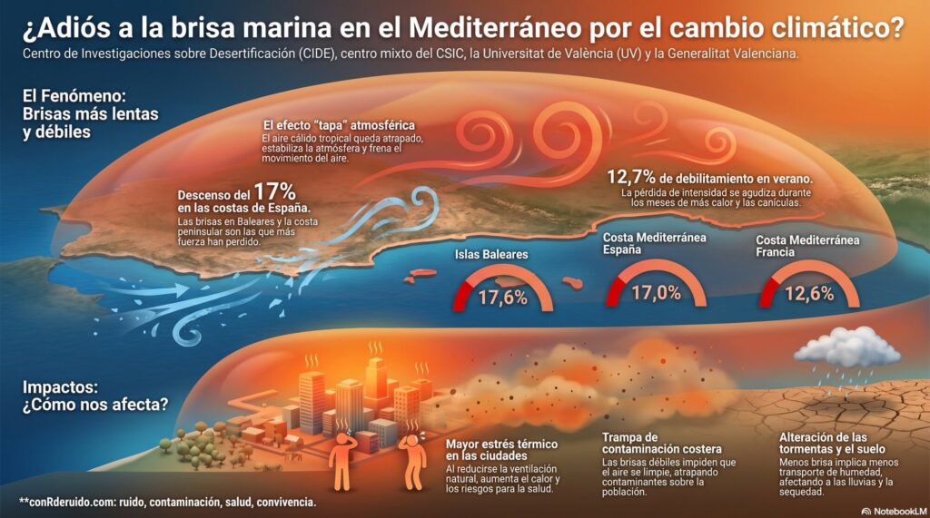 La brisa marina del Mediterráneo se está ralentizando, lo que reduce su capacidad para suavizar las temperaturas en ciudades como Barcelona, València o Ibiza.