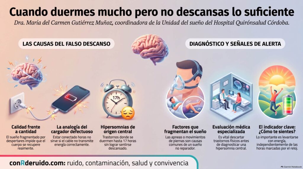 La doctora María del Carmen Gutiérrez Muñoz, coordinadora de la Unidad del sueño del Hospital Quirónsalud Córdoba, lo resume con una idea muy clara: "Dormir más horas de las necesarias puede ser más incapacitante que no dormir lo suficiente".